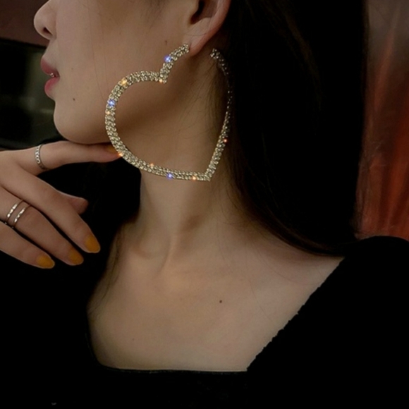 Rhinestone Heart Hoop Earrings 925 Post Gold Tone Setting - Picture 1 of 9